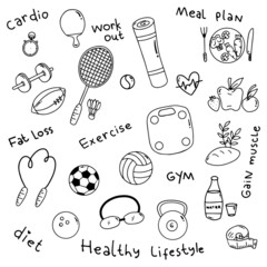 Healthy diet lifestyle collection with outline style and sport equipments