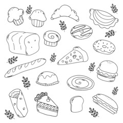 Set of delicious fast food in cute outline style with hand drawn or doodle Premium Vector