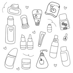 Set of different hand drawn beauty skin care products with outline style