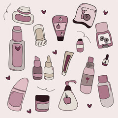 Set of different hand drawn beauty skin care products with purple colour