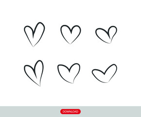 Set of nine hand drawn heart. Hand Drawn rough marker hearts isolated on white background. Vector illustration for your graphic design