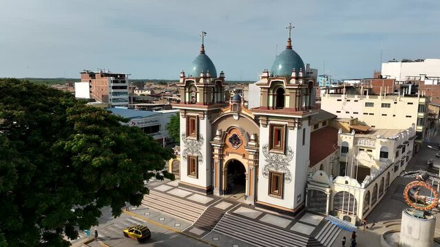 Aerial shot of Main church of the city of Tumbes, in the north of Peru.