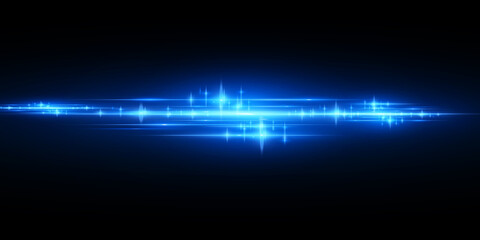 Horizontal lens flares pack. Laser beams, horizontal light rays.Beautiful light flares. Glowing streaks on dark background. Luminous abstract sparkling lined background.