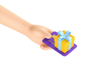 Cartoon hand with a dark bank card holding a yellow gift on a white isolated background. Banking metaphor, revealing the concept of discounts and gifts. 3d render