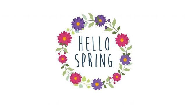 hello spring text animate on Round floral frame. 4K motion animation.