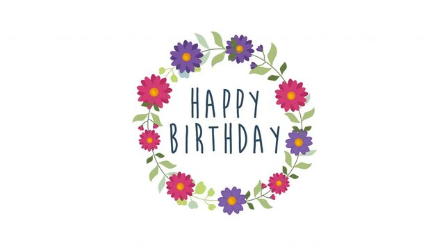happy birthday text animate on Round floral frame. 4K motion animation.