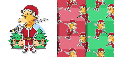 Illustration Vector Graphic of Adorable Giraffe Wearing Santa Claus Costume While Holding Katana Sword with Decorative Seamless Pattern