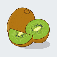 Kiwi Fruit Cartoon Vector Illustration. Slice And Whole Of Kiwi Flat Icon Outline