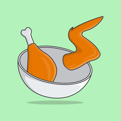 Fried Chicken In White Bowl Cartoon Vector Illustration. Fried Chicken Flat Icon Outline