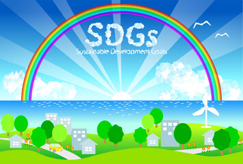 SDGsの雲とサステナブルな街のイメージイラスト
