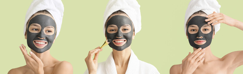 Set of young woman with activated charcoal mask on her face against green background