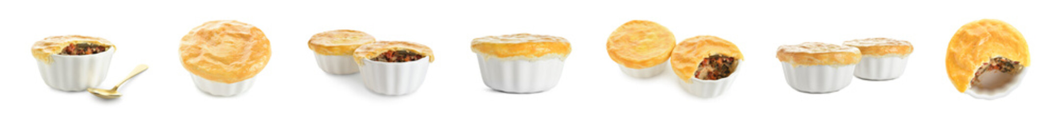 Set of tasty vegetable pot pies isolated on white