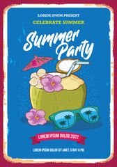 Young Coconut drink with umbrella and funky sun glasses vector illustration design, perfect for poster and tshirt design