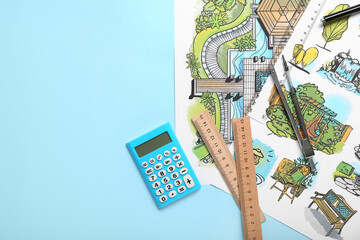 Fototapeta na wymiar Landscape designer's plans with stationery and calculator on color background