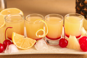 Plate with tasty Pineapple Upside Down Cake Shots on beige background