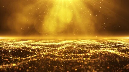 Golden wavy particles are constantly flowing, luxurious awards ceremony, shining particle light stage background video.