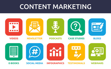 Content Marketing icon set. Containing video, newsletter, podcasts, case studio, blogs, e-book, social media, infographic, testimonials and webinars.