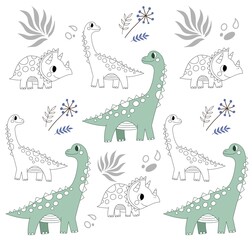 Cute pattern for kids with dinosaur.Green pattern for textile, wrapping paper, wallpaper 