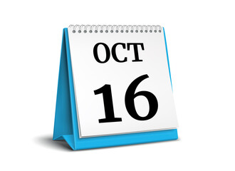 Calendar on white background. 16 October. 3D illustration.