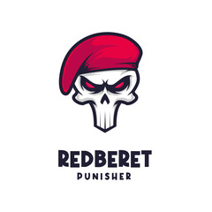 red beret logo. skull illustration with beret - obrazy, fototapety, plakaty
