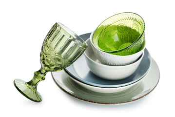Set of stylish dinnerware on white background