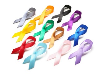 Colorful awareness ribbons on white background. World Cancer Day