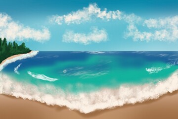 Beautiful beach with white sand, turquoise ocean, green palm trees and blue sky with clouds on Sunny day. Summer tropical landscape, panoramic view.