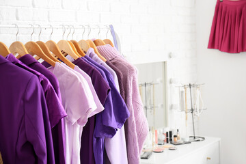 Rack with clothes in purple shades in dressing room, closeup