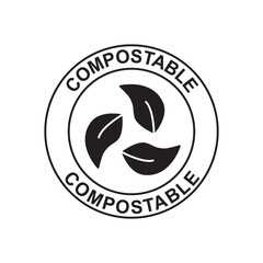 Compostable label icon in black flat glyph, filled style isolated on white background