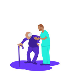 Male nurse or volunteer worker taking care of an elderly 80s up man who standing by canes.Home care services for aging,seniors.Vector flat characters design concept for Healthcare and social supports.