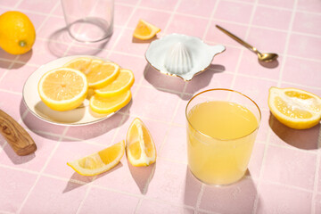 Plate with cut lemon and glass of juice on color tile