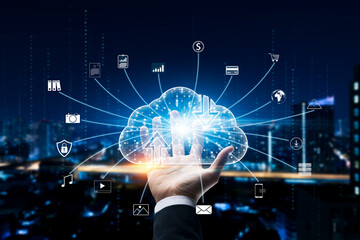 Cloud icons connect to internet server service for data download and upload, Applications and online businesses, managing data on the background of the city at night.