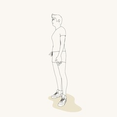 Standing man. Sport boy illustration. Casual sportwear - t-shirt, breeches and sneakers. Young man wearing workout clothes. Sport fashion boy outline in urban casual style.