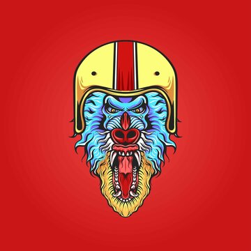 Mandrill roaring helmet motorcycle vector illustration
