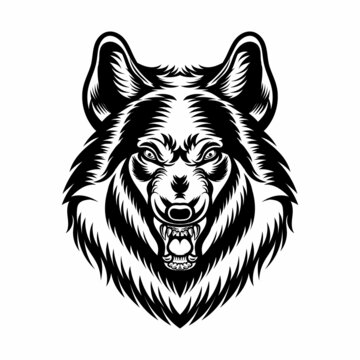 Black and white head wolf roar vector illustration