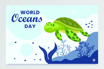 World Ocean Day banner with many different sea animals illustration