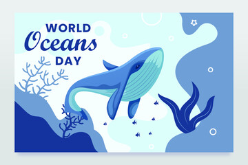 World Ocean Day banner with many different sea animals illustration