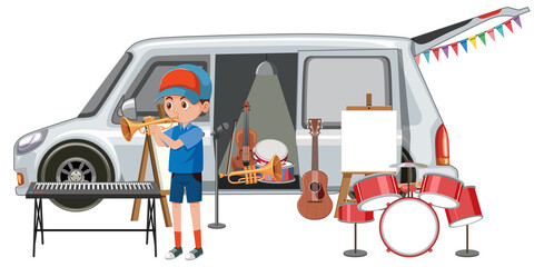 Boy playing trumpet by the van