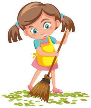 recommend clip art: Girl sweep the leaves on the floor
