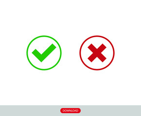 Tick and cross signs. Green checkmark OK and red X icons, isolated on white background.