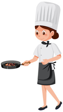 Female chef cooking with pan