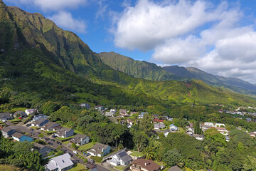 Fototapeta na wymiar Aerial mountain views in Kaneohe on the windward side of east Oahu, Hawaii. 