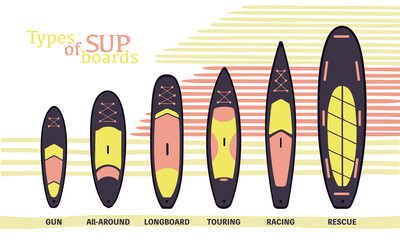 Stand Up Paddle boarding elements collection. SUP surfing vector illustration set of different boards types like gun, all-round, longboard, touring, racing and rescue isolated