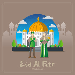 eid al fitr greetings card with muslim couple in front of mosque