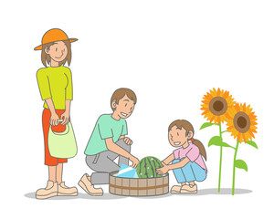 たらいでスイカを冷やす親子