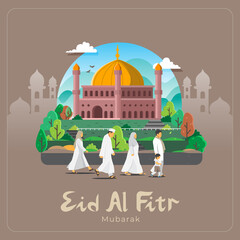 Eid mubarak greeting card with muslim people going to mosque