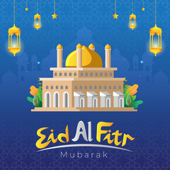 Eid al fitr mubarak greetings card with mosque and arabic lamp