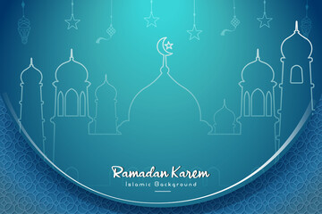 Illustrations for celebrating Ramadan and Eid Al-Fitr, Islamic backgrounds with Arabic patterns and bright colors, suitable for commercials and Ramadan content. silhouette of mosque in blue color