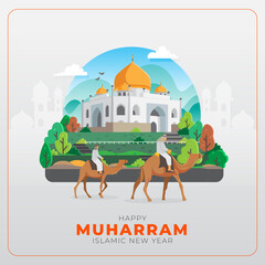 Happy Muharram islamic new year greetings card with people riding camel in front of mosque
