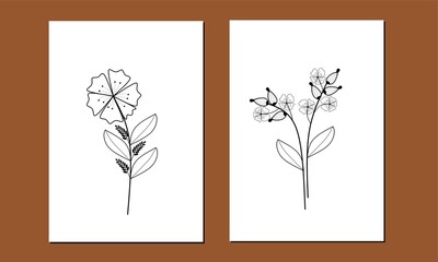 Set of two minimal black and white flowers wall art. Plants wall decor. Scandinavian line art flowers wall Decorations, Poster, invitation and background.